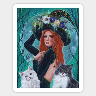 Cassandra Halloween witch with cats by Renee L. Lavoie Sticker